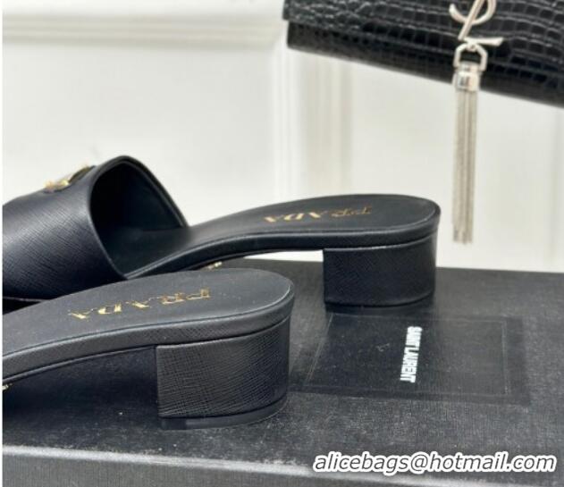 Big Discount Prada Saffiano Leather Heel Slides Sandal 3.5cm Black 704012