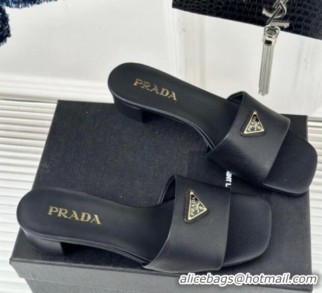 Big Discount Prada Saffiano Leather Heel Slides Sandal 3.5cm Black 704012