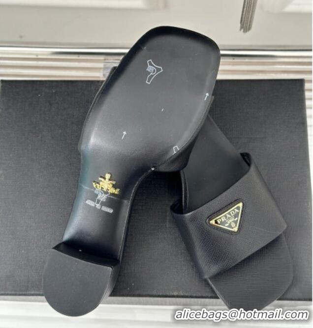 Big Discount Prada Saffiano Leather Heel Slides Sandal 3.5cm Black 704012