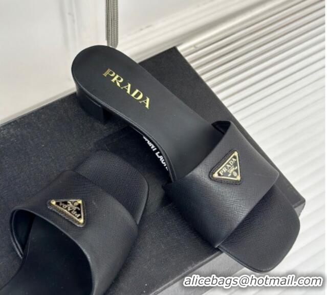 Big Discount Prada Saffiano Leather Heel Slides Sandal 3.5cm Black 704012