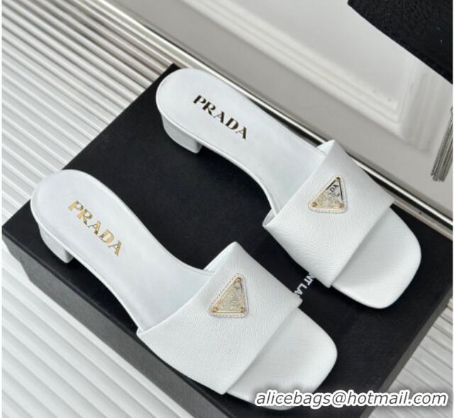 Perfect Prada Saffiano Leather Heel Slides Sandal 3.5cm White 704013