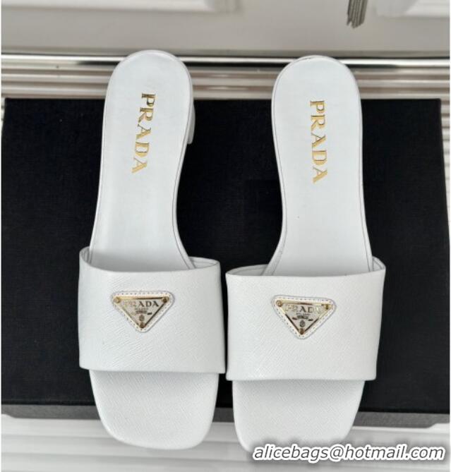 Perfect Prada Saffiano Leather Heel Slides Sandal 3.5cm White 704013