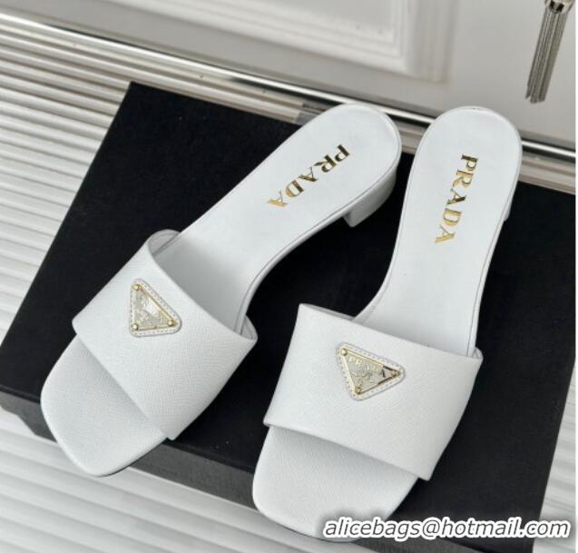 Perfect Prada Saffiano Leather Heel Slides Sandal 3.5cm White 704013