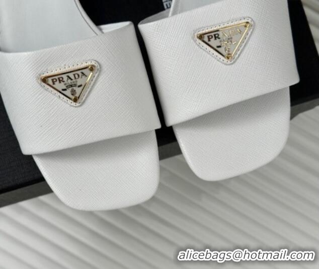 Perfect Prada Saffiano Leather Heel Slides Sandal 3.5cm White 704013