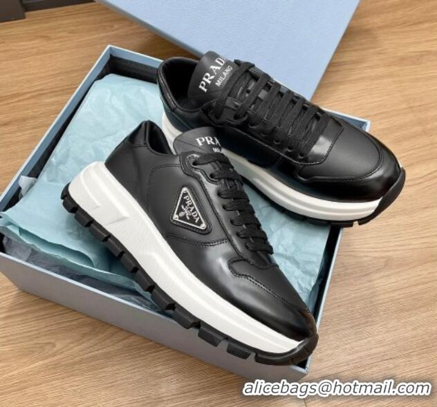 Most Popular Prada Gabardine Leather Sneakers Black/Silver 719122