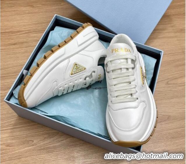 Luxury Discount Prada Gabardine Leather Sneakers White/Gold 719125