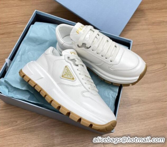 Luxury Discount Prada Gabardine Leather Sneakers White/Gold 719125