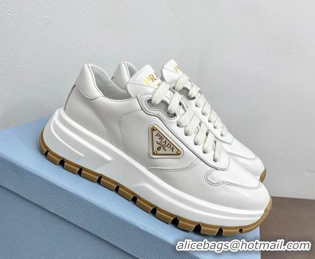 Luxury Discount Prada Gabardine Leather Sneakers White/Gold 719125