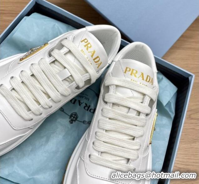 Luxury Discount Prada Gabardine Leather Sneakers White/Gold 719125