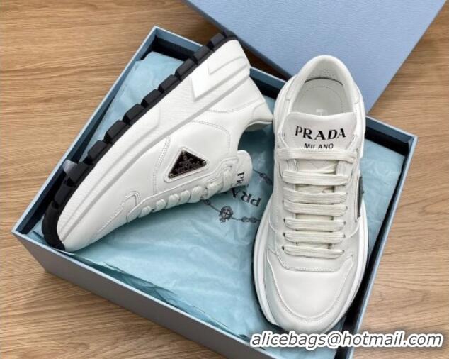 Luxury Prada Gabardine Leather Sneakers White/Silver 719126