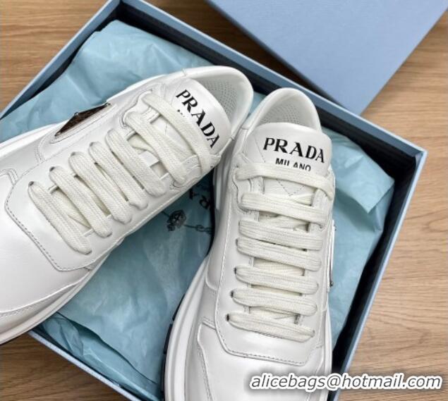 Luxury Prada Gabardine Leather Sneakers White/Silver 719126