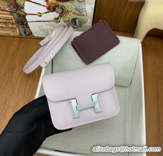 Spot Bulk Hermes Constance Slim Wallet with Leather Strap in Evercolor Leather Dream H0112 Purple/Silver 2024( Half Hand