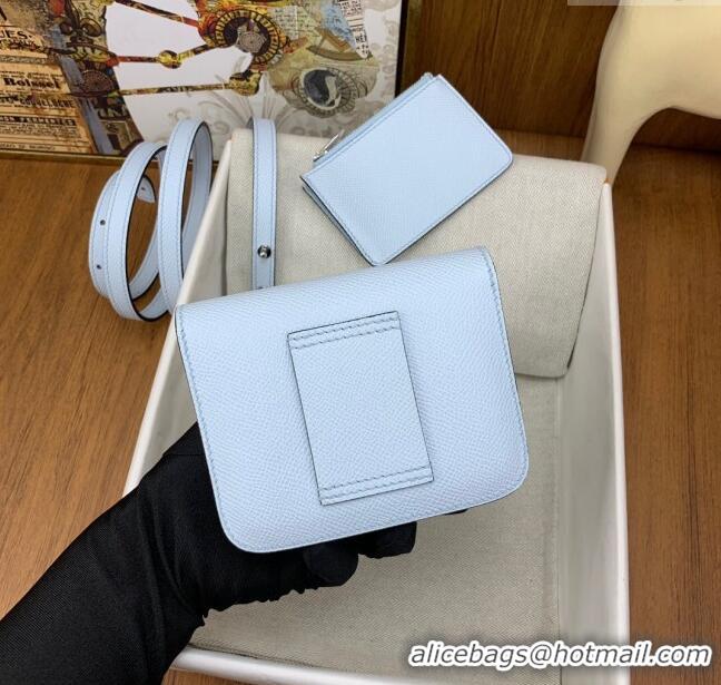 New Design Hermes Constance Slim Wallet with Leather Strap in Epsom Leather H0112 Haze Blue/Silver 2024 (Half Handmade)