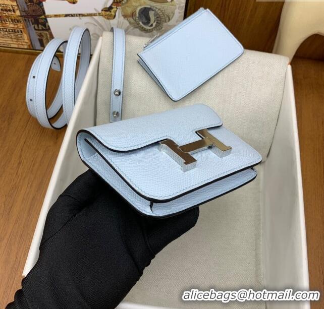 New Design Hermes Constance Slim Wallet with Leather Strap in Epsom Leather H0112 Haze Blue/Silver 2024 (Half Handmade)