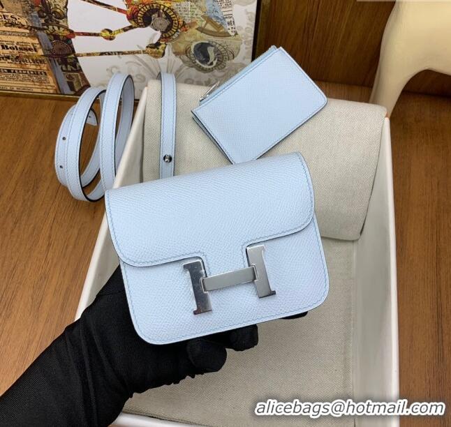 New Design Hermes Constance Slim Wallet with Leather Strap in Epsom Leather H0112 Haze Blue/Silver 2024 (Half Handmade)