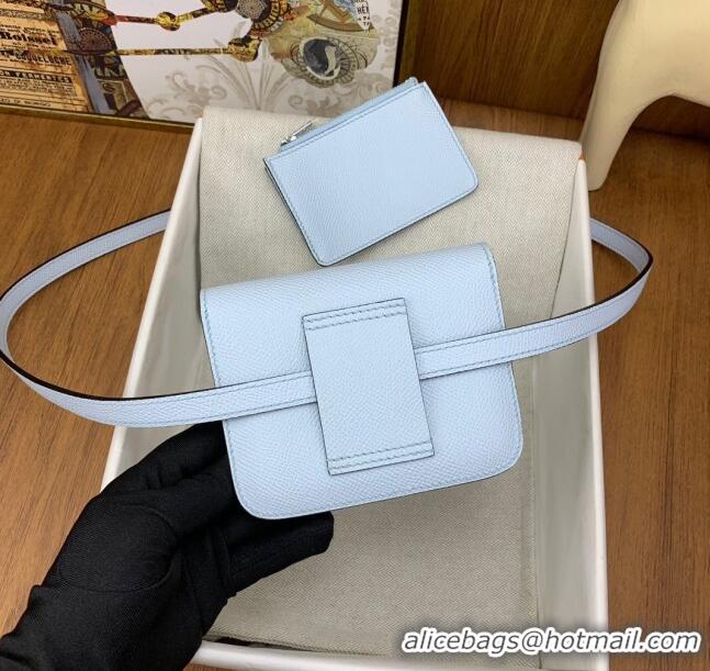 New Design Hermes Constance Slim Wallet with Leather Strap in Epsom Leather H0112 Haze Blue/Silver 2024 (Half Handmade)