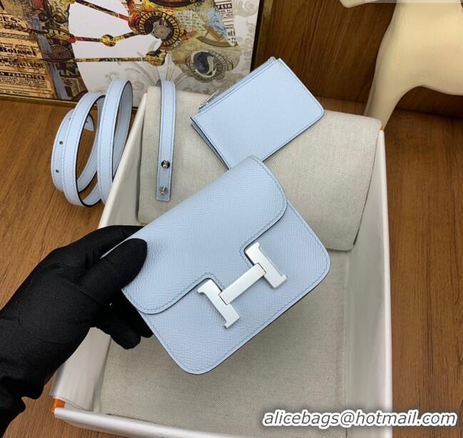 New Design Hermes Constance Slim Wallet with Leather Strap in Epsom Leather H0112 Haze Blue/Silver 2024 (Half Handmade)