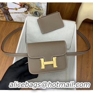 Grade Hermes Constance Slim Wallet with Leather Strap in Epsom Leather H0112 Etoupe/Gold 2024 (Half Handmade)