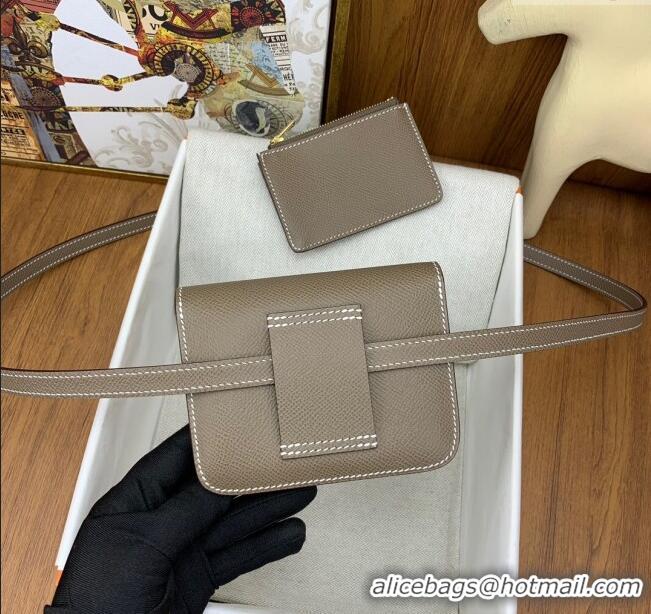 Grade Hermes Constance Slim Wallet with Leather Strap in Epsom Leather H0112 Etoupe/Gold 2024 (Half Handmade)