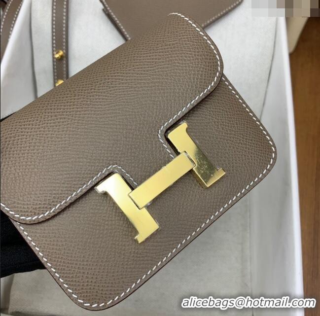 Grade Hermes Constance Slim Wallet with Leather Strap in Epsom Leather H0112 Etoupe/Gold 2024 (Half Handmade)