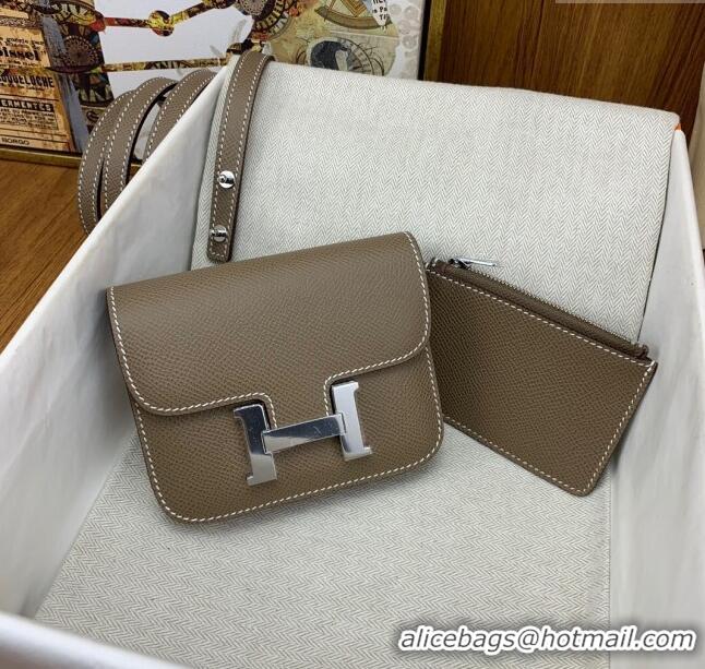 Best Cheap Hermes Constance Slim Wallet with Leather Strap in Epsom Leather H0112 Etoupe/Silver 2024 (Half Handmade)