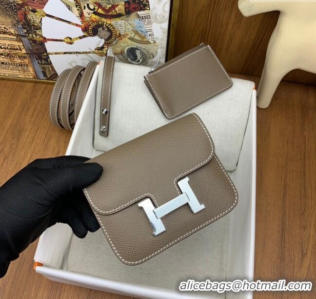 Best Cheap Hermes Constance Slim Wallet with Leather Strap in Epsom Leather H0112 Etoupe/Silver 2024 (Half Handmade)