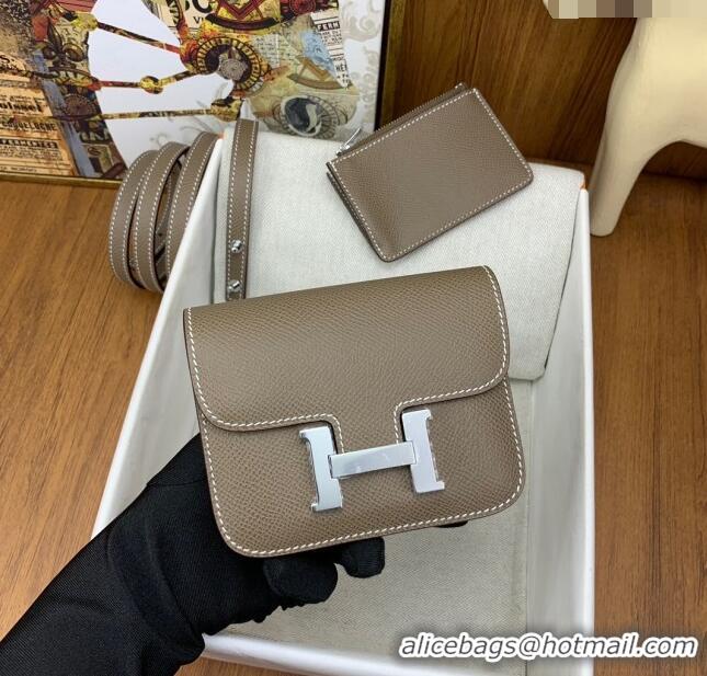 Best Cheap Hermes Constance Slim Wallet with Leather Strap in Epsom Leather H0112 Etoupe/Silver 2024 (Half Handmade)