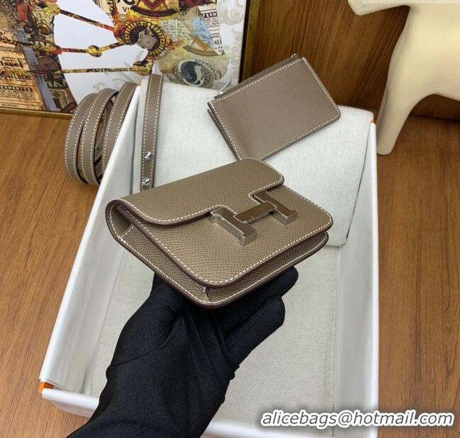 Best Cheap Hermes Constance Slim Wallet with Leather Strap in Epsom Leather H0112 Etoupe/Silver 2024 (Half Handmade)