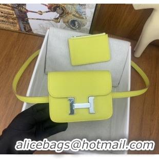 Latest Style Hermes Constance Slim Wallet with Leather Strap in Epsom Leather H0112 Lemon Yellow/Silver 2024 (Half Handm