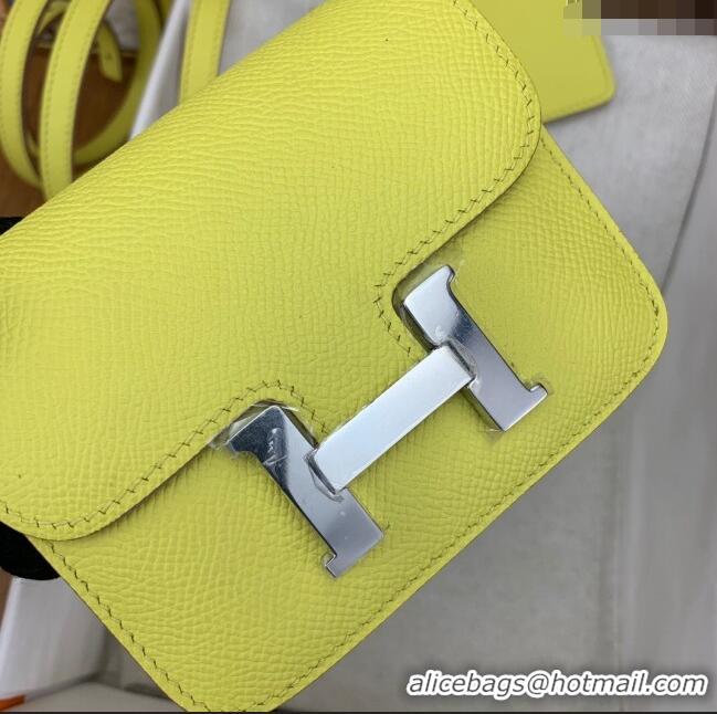 Latest Style Hermes Constance Slim Wallet with Leather Strap in Epsom Leather H0112 Lemon Yellow/Silver 2024 (Half Handm