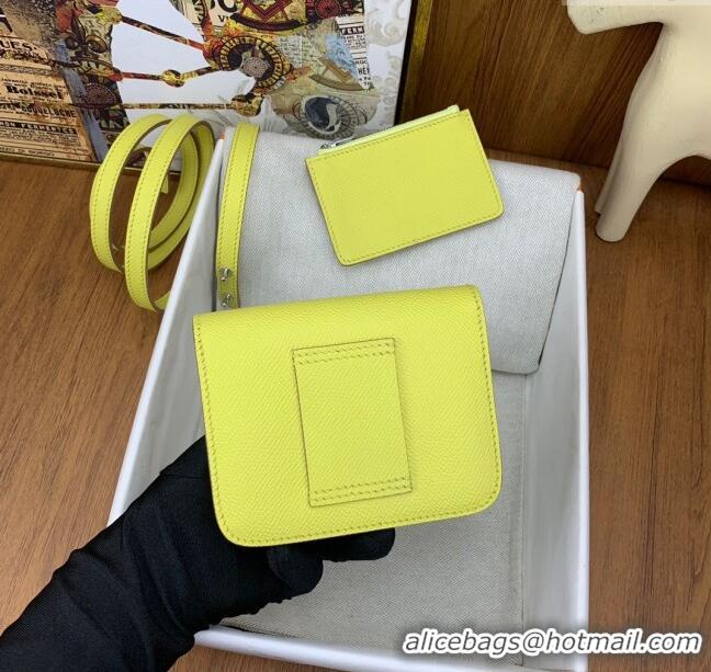 Latest Style Hermes Constance Slim Wallet with Leather Strap in Epsom Leather H0112 Lemon Yellow/Silver 2024 (Half Handm