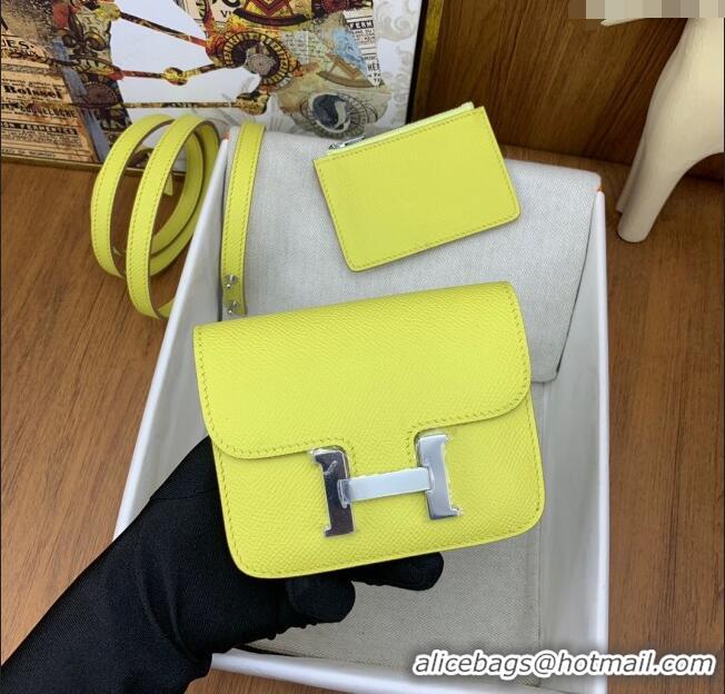 Latest Style Hermes Constance Slim Wallet with Leather Strap in Epsom Leather H0112 Lemon Yellow/Silver 2024 (Half Handm