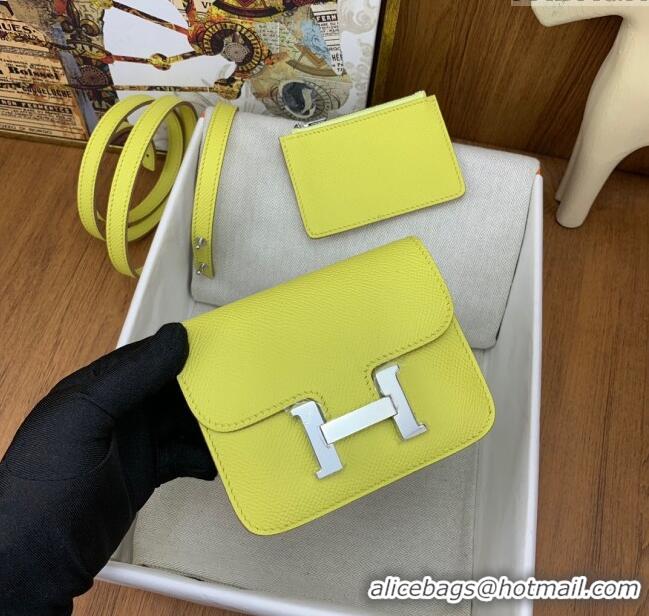 Latest Style Hermes Constance Slim Wallet with Leather Strap in Epsom Leather H0112 Lemon Yellow/Silver 2024 (Half Handm