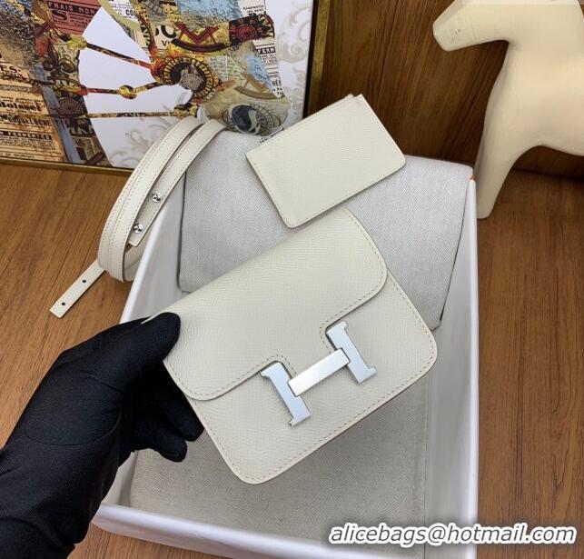 New Product Hermes Constance Slim Wallet with Leather Strap in Epsom Leather H0112 Milkshake White/Silver 2024 (Half Han