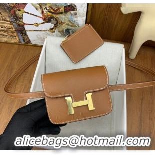 Luxury Cheap Hermes Constance Slim Wallet with Leather Strap in Epsom Leather H0112 Brown/Gold 2024 (Half Handmade)