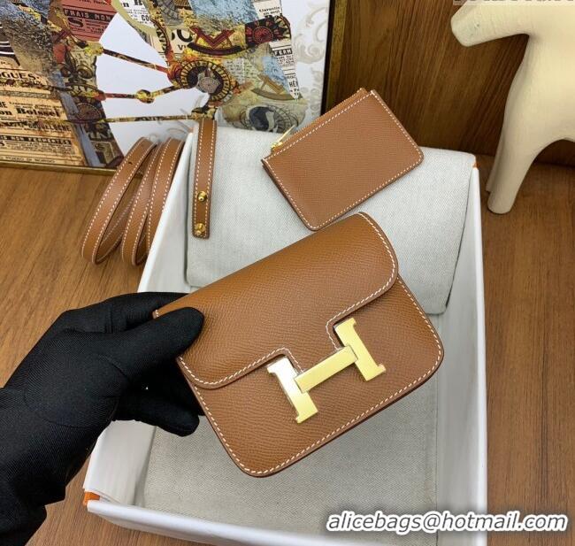 Luxury Cheap Hermes Constance Slim Wallet with Leather Strap in Epsom Leather H0112 Brown/Gold 2024 (Half Handmade)