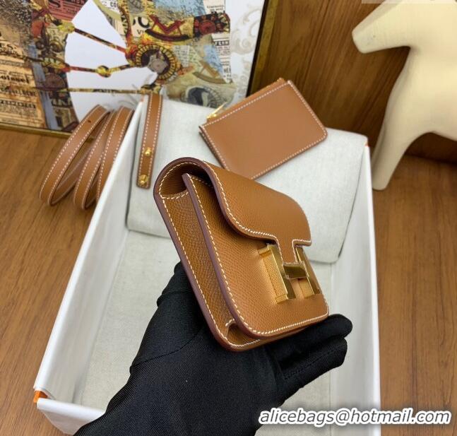 Luxury Cheap Hermes Constance Slim Wallet with Leather Strap in Epsom Leather H0112 Brown/Gold 2024 (Half Handmade)