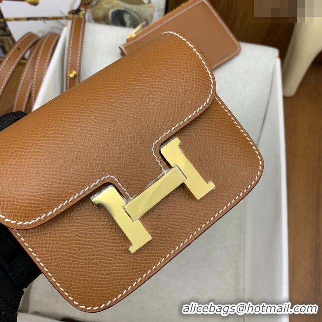 Luxury Cheap Hermes Constance Slim Wallet with Leather Strap in Epsom Leather H0112 Brown/Gold 2024 (Half Handmade)