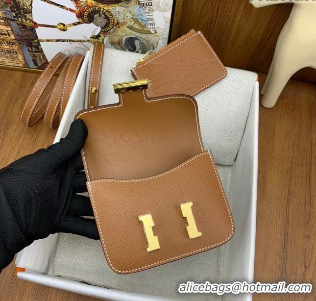 Luxury Cheap Hermes Constance Slim Wallet with Leather Strap in Epsom Leather H0112 Brown/Gold 2024 (Half Handmade)