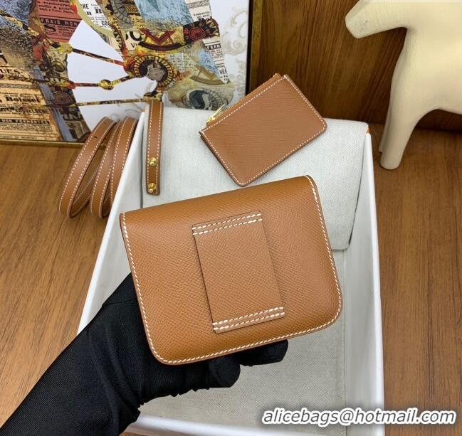 Luxury Cheap Hermes Constance Slim Wallet with Leather Strap in Epsom Leather H0112 Brown/Gold 2024 (Half Handmade)