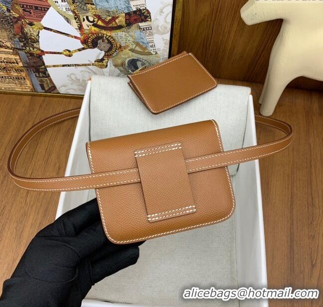 Luxury Cheap Hermes Constance Slim Wallet with Leather Strap in Epsom Leather H0112 Brown/Gold 2024 (Half Handmade)