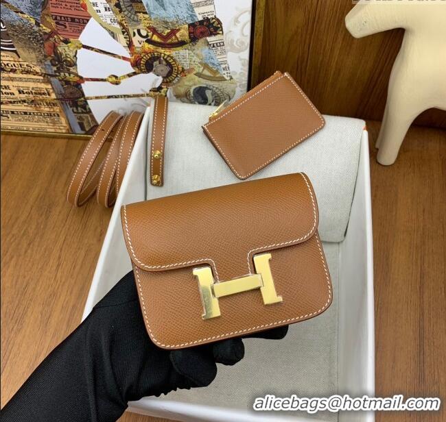 Luxury Cheap Hermes Constance Slim Wallet with Leather Strap in Epsom Leather H0112 Brown/Gold 2024 (Half Handmade)