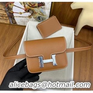 New Arrivals Hermes Constance Slim Wallet with Leather Strap in Epsom Leather H0112 Brown/Silver 2024 (Half Handmade)