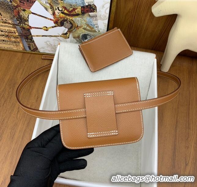 New Arrivals Hermes Constance Slim Wallet with Leather Strap in Epsom Leather H0112 Brown/Silver 2024 (Half Handmade)