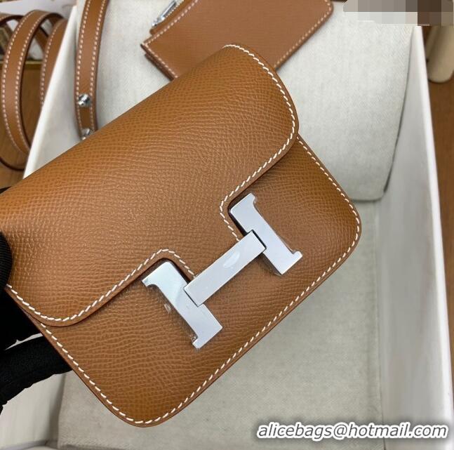 New Arrivals Hermes Constance Slim Wallet with Leather Strap in Epsom Leather H0112 Brown/Silver 2024 (Half Handmade)