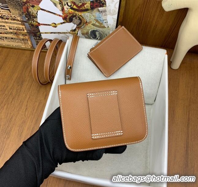 New Arrivals Hermes Constance Slim Wallet with Leather Strap in Epsom Leather H0112 Brown/Silver 2024 (Half Handmade)