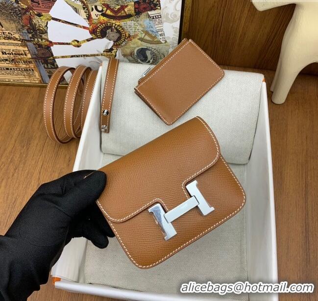 New Arrivals Hermes Constance Slim Wallet with Leather Strap in Epsom Leather H0112 Brown/Silver 2024 (Half Handmade)