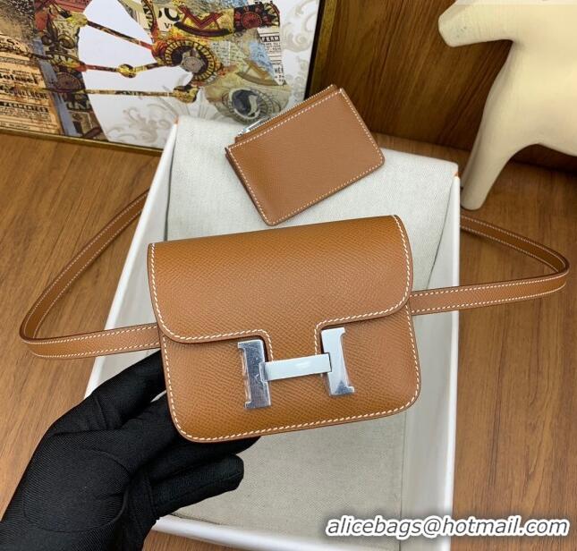 New Arrivals Hermes Constance Slim Wallet with Leather Strap in Epsom Leather H0112 Brown/Silver 2024 (Half Handmade)