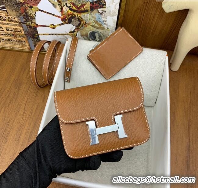 New Arrivals Hermes Constance Slim Wallet with Leather Strap in Epsom Leather H0112 Brown/Silver 2024 (Half Handmade)