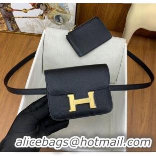 New Design Hermes Constance Slim Wallet with Leather Strap in Epsom Leather H0112 Black/Gold 2024 (Half Handmade)